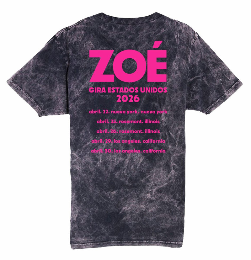 Maqueta digital que muestra el arte y las fechas o diseño de la espalda de la playera oficial de Zoé.