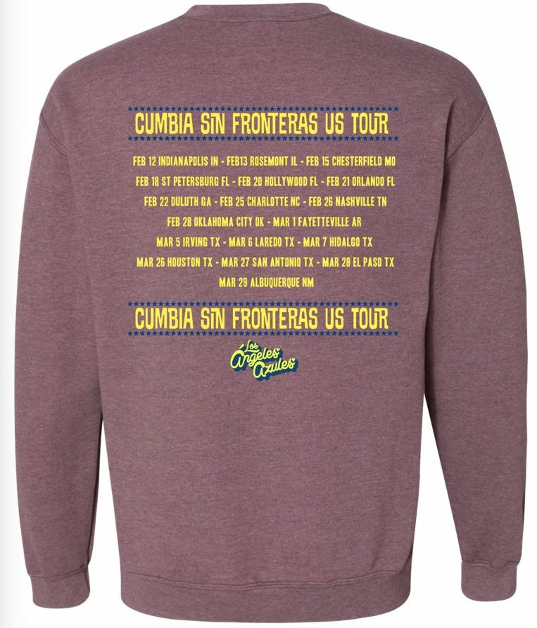 Diseño posterior del crewneck de Los Ángeles Azules con el arte oficial del tour y las fechas programadas para Estados Unidos 2026.