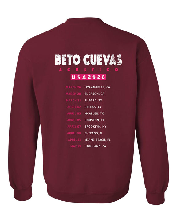 Diseño gráfico de la espalda con el listado de ciudades de la gira USA 2026 de Beto Cuevas para la sudadera oficial.
