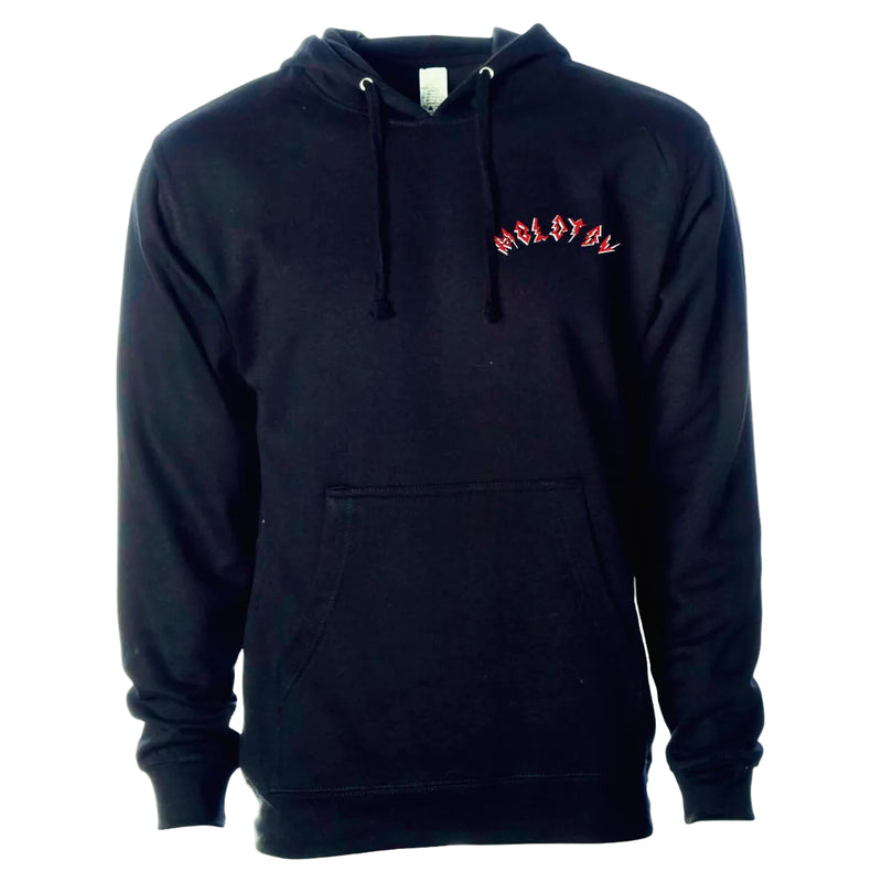 Maqueta digital sobre fondo blanco que muestra la vista frontal de la hoodie negra de Molotov con las agujetas de la capucha y el logotipo en tipografía roja impreso en el pecho.
