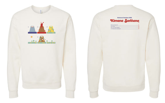 Maqueta digital sobre fondo blanco que muestra la vista de ambos lados de la sudadera de Ximena Sariñana: el lado frontal con las ilustraciones a color y el lado posterior con el texto conmemorativo de Existencia Kamikaze.