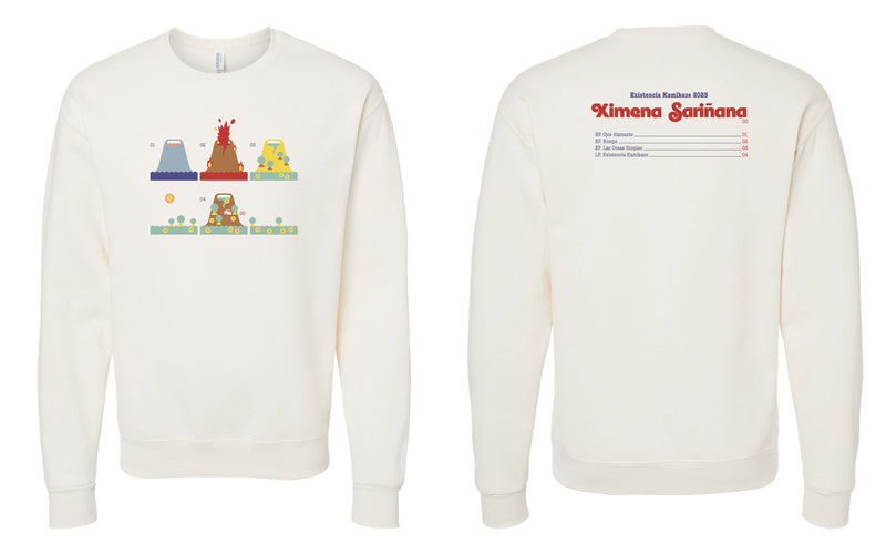 Maqueta digital sobre fondo blanco que muestra la vista de ambos lados de la sudadera de Ximena Sariñana: el lado frontal con las ilustraciones a color y el lado posterior con el texto conmemorativo de Existencia Kamikaze.