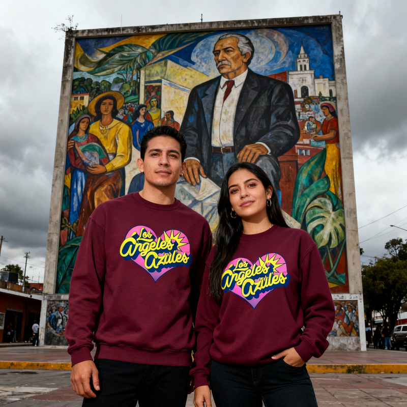 Modelos con la sudadera oficial de Los Ángeles Azules frente a un mural representativo de Iztapalapa, resaltando la identidad de la banda.