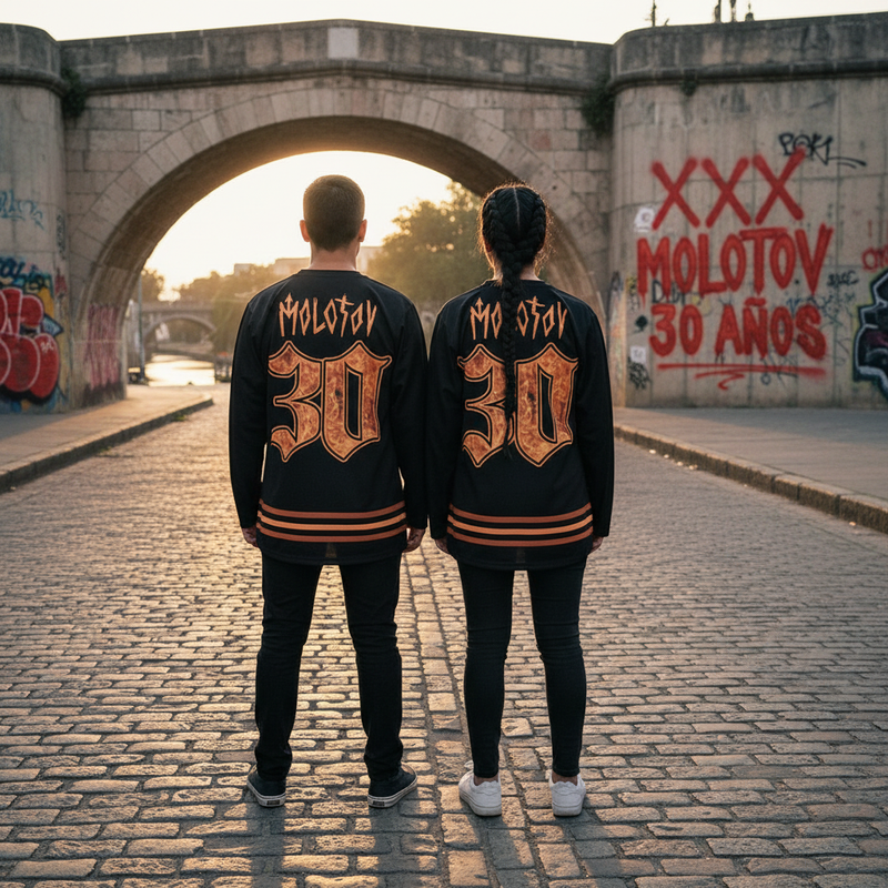 Fotografía de estilo urbano de la jersey conmemorativa de Molotov para el US Tour 2026, resaltando el diseño de la espalda bajo un puente.