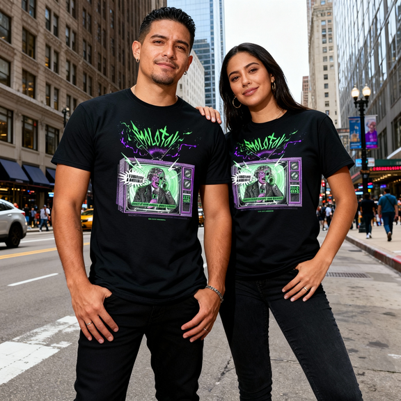Modelos vistiendo la playera negra de Molotov "Marciano" en un entorno urbano, resaltando los colores verde y morado del estampado.