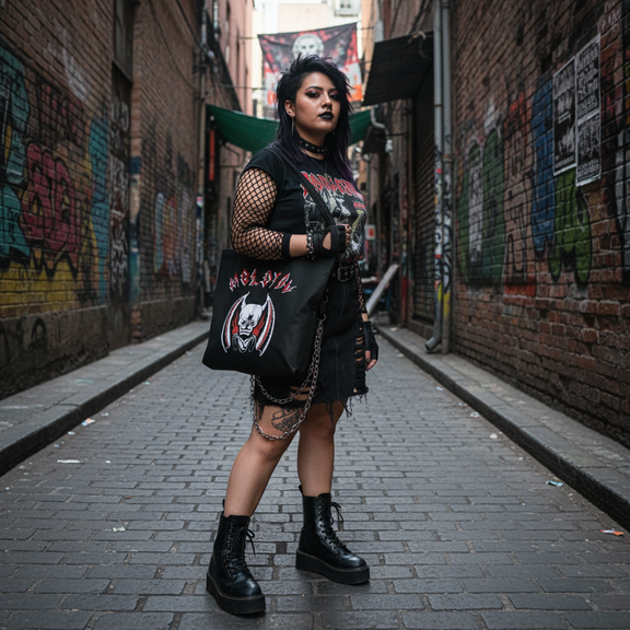 Modelo con look urbano y botas militares portando la tote bag de Molotov en un callejón con graffiti, mercancía oficial de la gira por Estados Unidos.