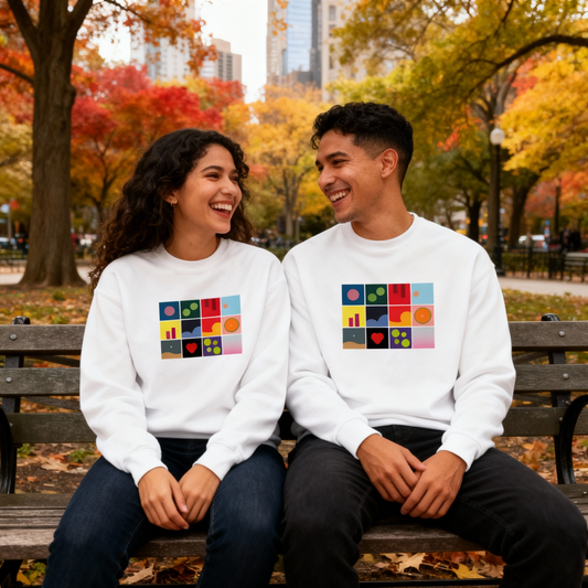 Fotografía de estilo de vida de pareja usando sudaderas de cuello redondo blancas de Danny Ocean, sentados en un entorno natural resaltando el diseño del álbum.