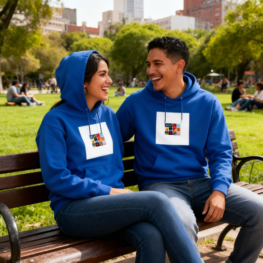 Fotografía de estilo de vida de pareja usando sudaderas azules de Danny Ocean sentados en una banca de parque, resaltando el diseño colorido del álbum.