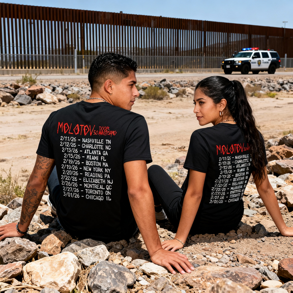 Vista posterior de la playera de Molotov para el US Tour 2026, mostrando el listado de ciudades de la gira de 30 aniversario en un entorno de desierto.