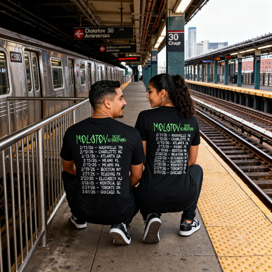 Vista de la espalda de la playera Molotov US Tour 2026 con el listado de ciudades de la gira de 30 aniversario.