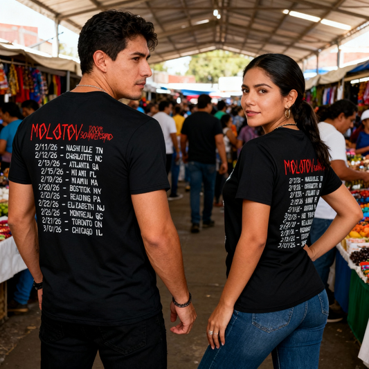 Vista posterior de la playera Molotov US Tour 2026 con el listado de ciudades de la gira, capturada en un mercado tradicional mexicano.