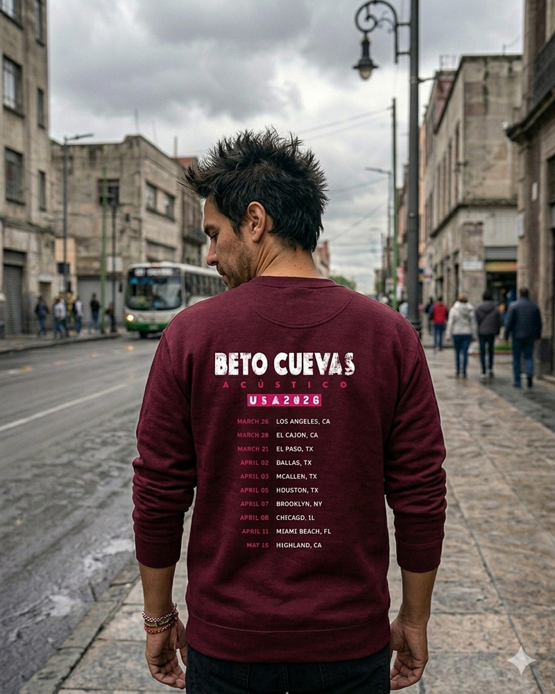 Vista trasera del crewneck de Beto Cuevas para hombre, detallando el listado oficial de ciudades de la gira acústica por Estados Unidos.