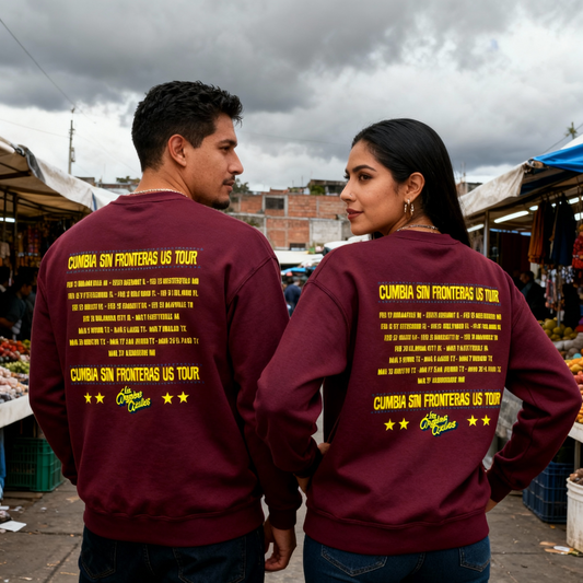 Vista trasera del sweater de Los Ángeles Azules mostrando el listado oficial de ciudades del Cumbia Sin Fronteras US Tour 2026.