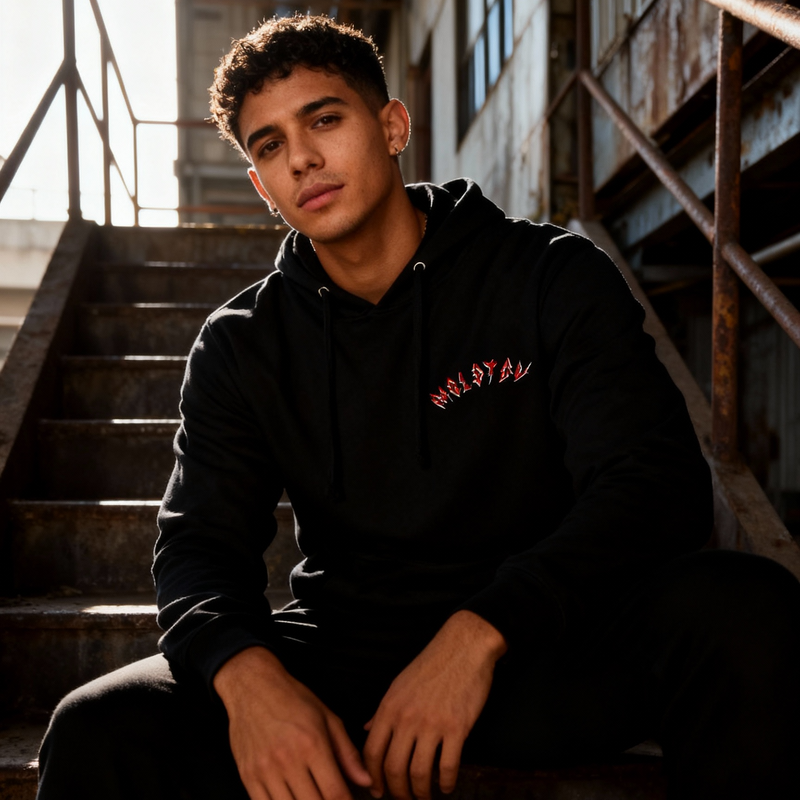 Fotografía en plano medio (medium shot) de un modelo masculino sentado en unas escaleras metálicas industriales portando la sudadera con capucha de Molotov.