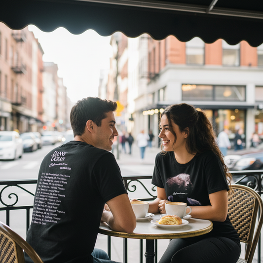 Fotografía de estilo de vida de pareja compartiendo un café usando la playera negra oficial de la gira de Danny Ocean por Estados Unidos.