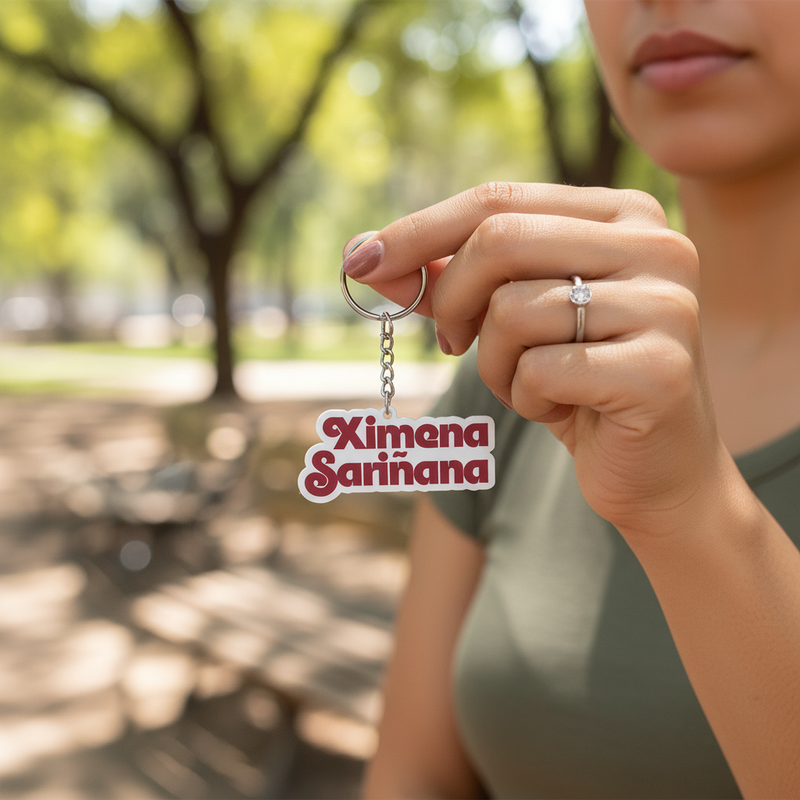 Fotografía en plano medio (medium shot) de una modelo mostrando en primer plano el llavero de Ximena Sariñana sostenido con sus dedos, con un fondo verde difuminado de árboles en un parque.