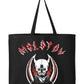 Black tote bag with a graphic design featuring a skull and red text on a white background