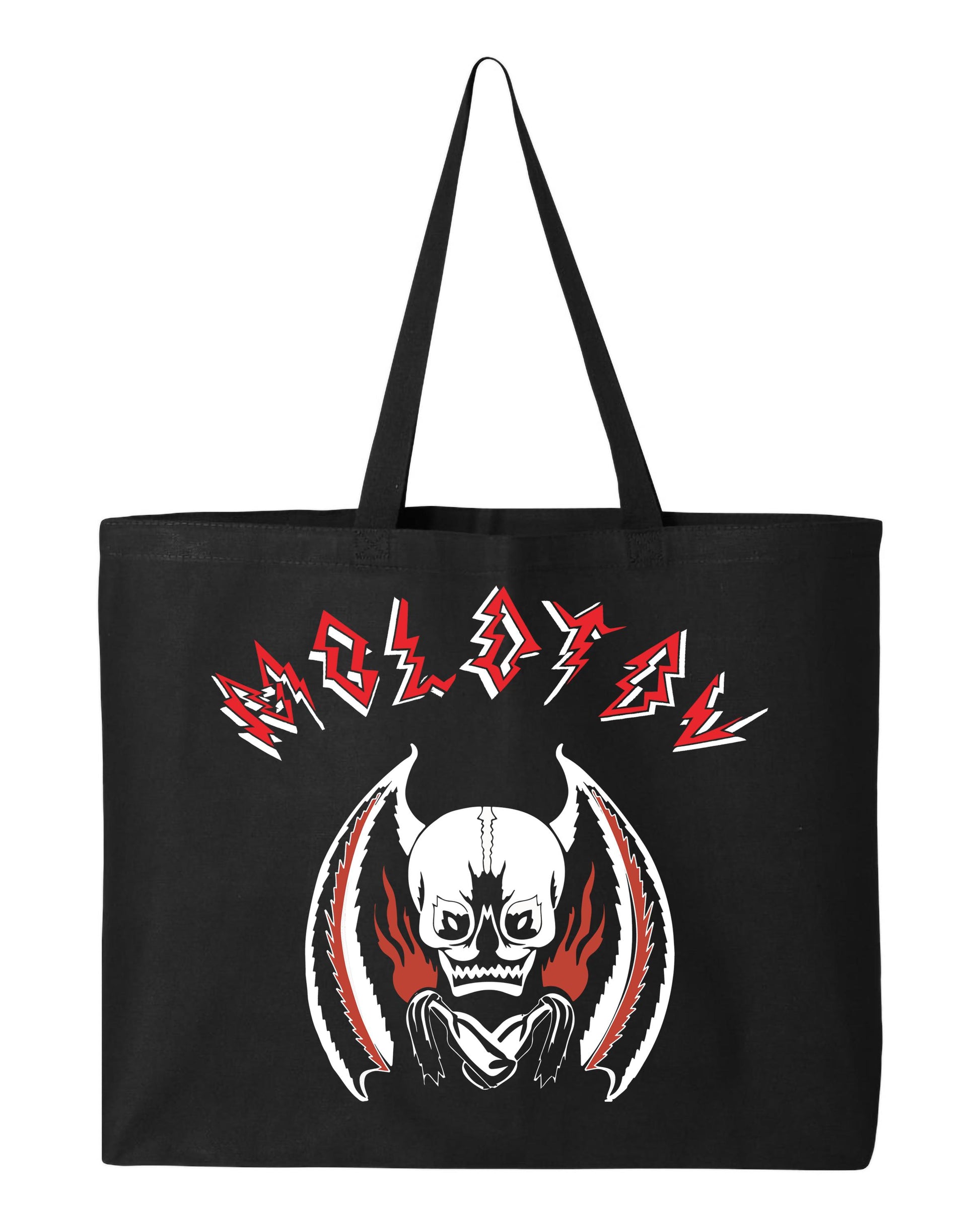 Black tote bag with a graphic design featuring a skull and red text on a white background