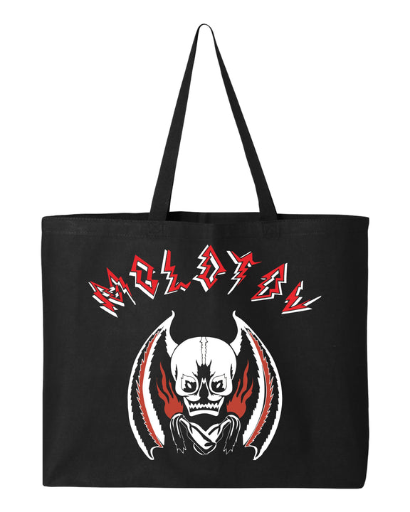 Black tote bag with a graphic design featuring a skull and red text on a white background
