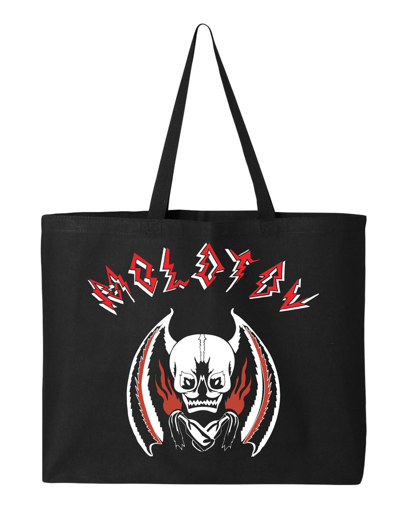 Black tote bag with a graphic design featuring a skull and red text on a white background
