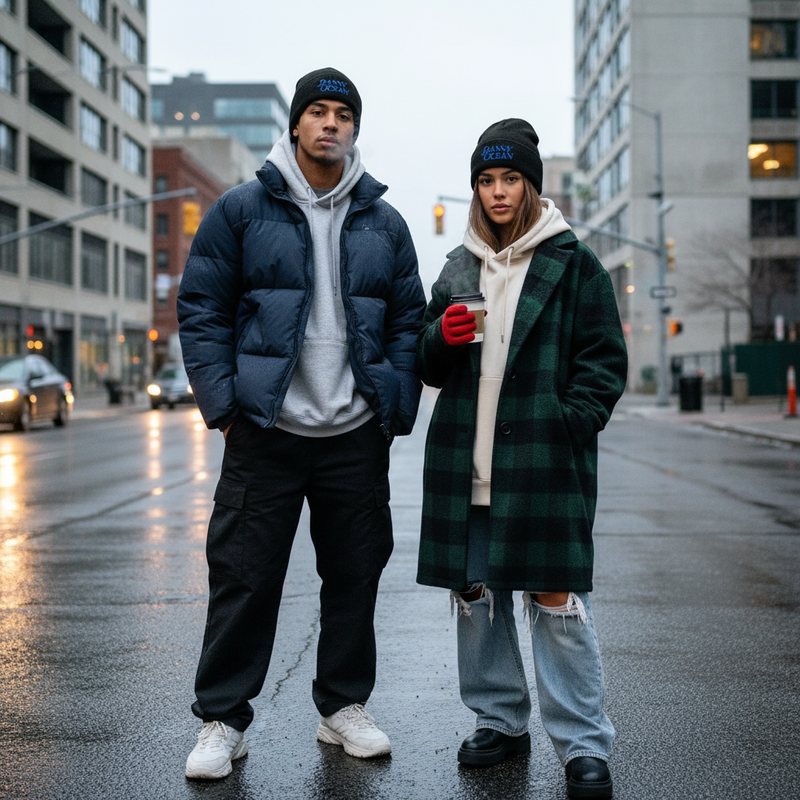 Modelos en una calle de la ciudad vistiendo outfits de invierno con el beanie oficial de Danny Ocean, mostrando la versatilidad del accesorio.