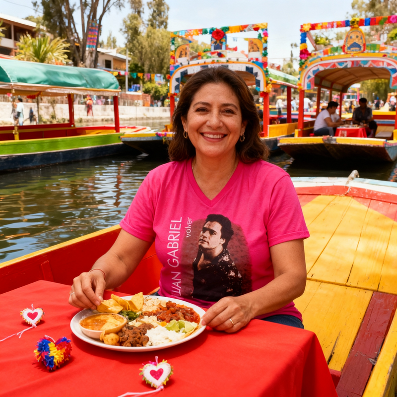 Fotografía de la playera rosa de Juan Gabriel modelada por una mujer sentada a la mesa de una embarcación tradicional con platillos típicos.