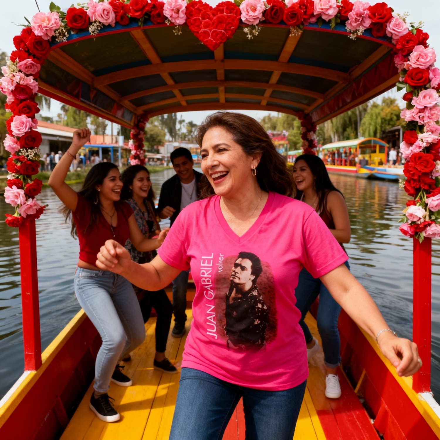Fotografía de una mujer modelando la playera rosa de Juan Gabriel con foto retro mientras baila en una trajinera tradicional decorada con arreglos florales.