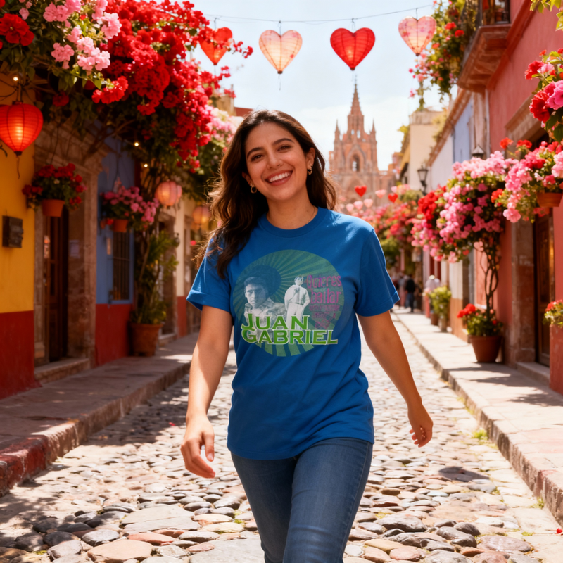 Fotografía de una mujer modelando la playera azul de Juan Gabriel Quieres Bailar Conmigo en una calle tradicional con flores y decoraciones colgantes.