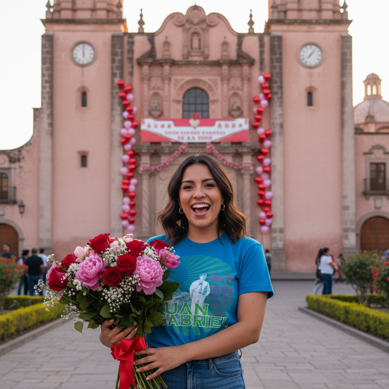 Fotografía de la playera de Juan Gabriel modelada por una mujer sosteniendo flores frente a la fachada de una catedral histórica.
