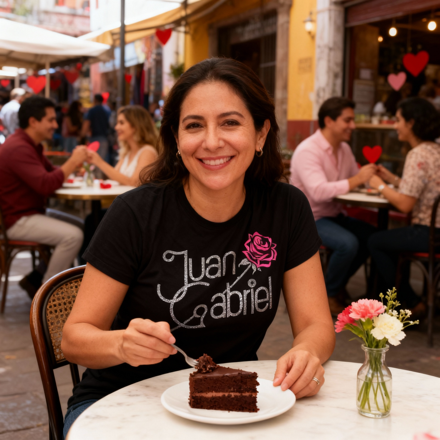 Fotografía de una mujer usando la playera negra de Juan Gabriel con diseño de rosa en una cafetería al aire libre con decoraciones de corazones.