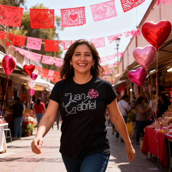 Fotografía de la playera negra de Juan Gabriel modelada en una calle decorada tradicionalmente con papel picado de color rosa y globos.