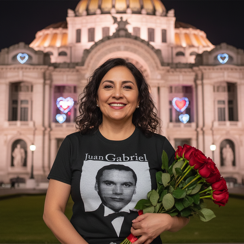 Fotografía nocturna de la playera de Juan Gabriel modelada frente al Palacio de Bellas Artes en la Ciudad de México con un ramo de flores.