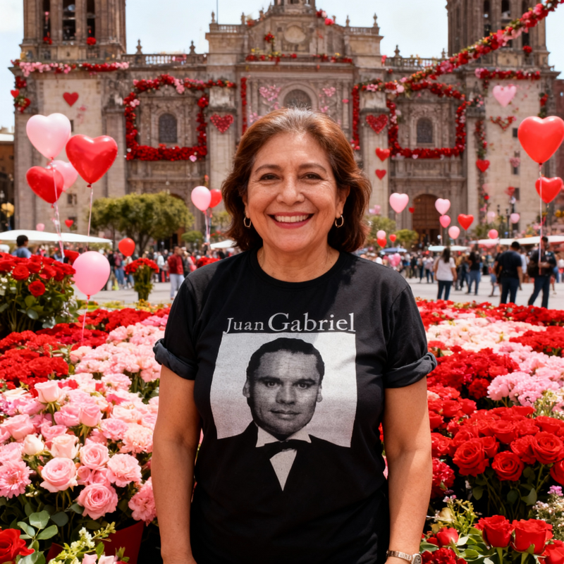 Fotografía de una mujer modelando la playera negra de Juan Gabriel estilo smoking en un entorno exterior decorado con globos y arreglos de rosas.