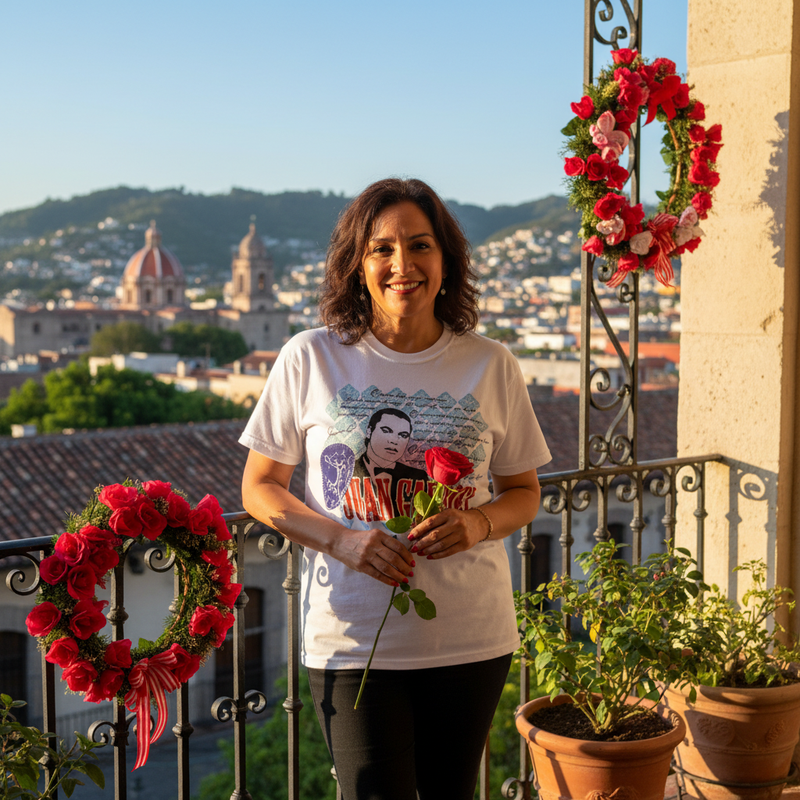 Fotografía de la playera de Juan Gabriel modelada en un balcón decorado con flores frente a un paisaje urbano de fondo.