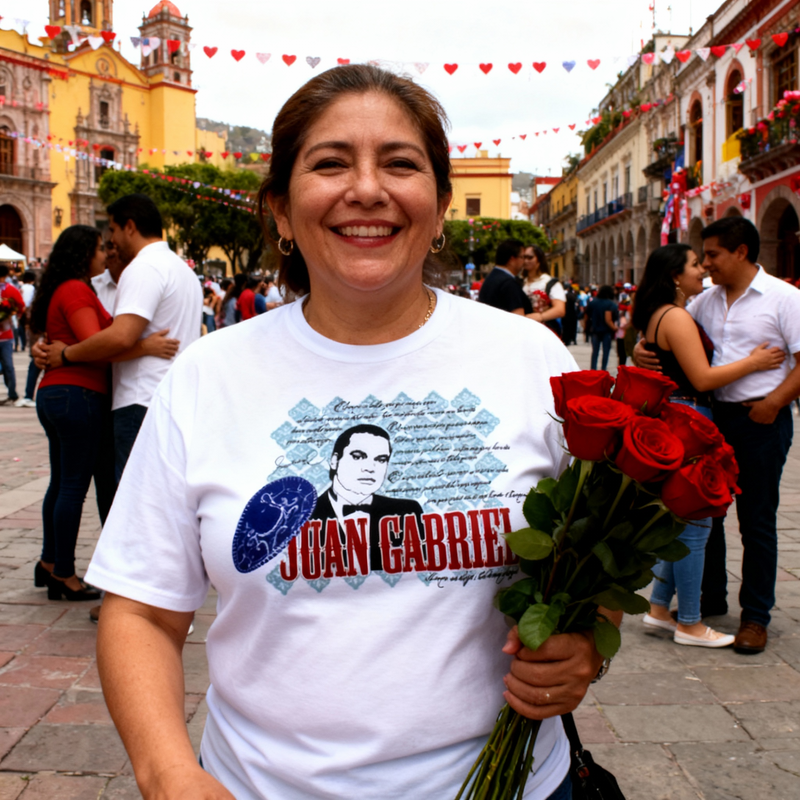 Fotografía de una mujer usando la playera blanca de Juan Gabriel Sombrero Charro en una plaza pública, sosteniendo un ramo de rosas rojas.