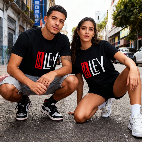 Fotografía en plano medio (medium shot) de una pareja posando de cuclillas y de frente, modelando la playera oficial de la banda La Ley.