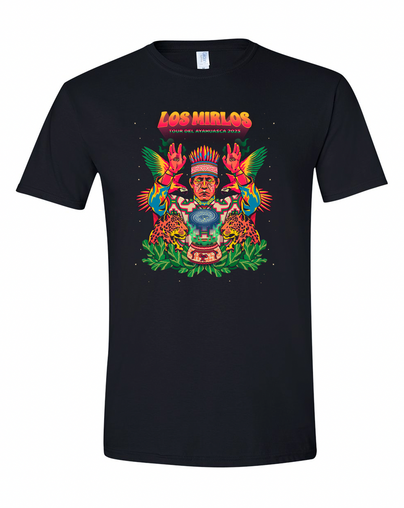 Maqueta digital que muestra el diseño frontal de la playera oficial de Los Mirlos versión Amazonico, destacando el arte gráfico impreso en el pecho sobre la prenda.