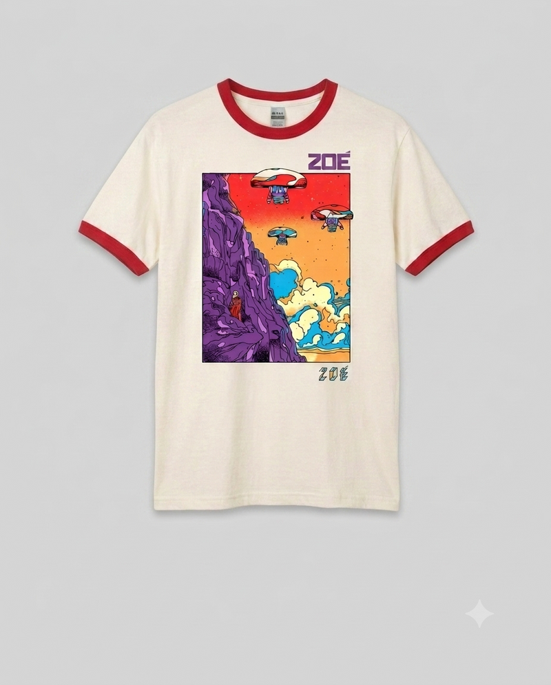 Vista frontal de la playera Ringer blanca con detalles en rojo del Tour 2026 de Zoé, modelo 'Expedición'.