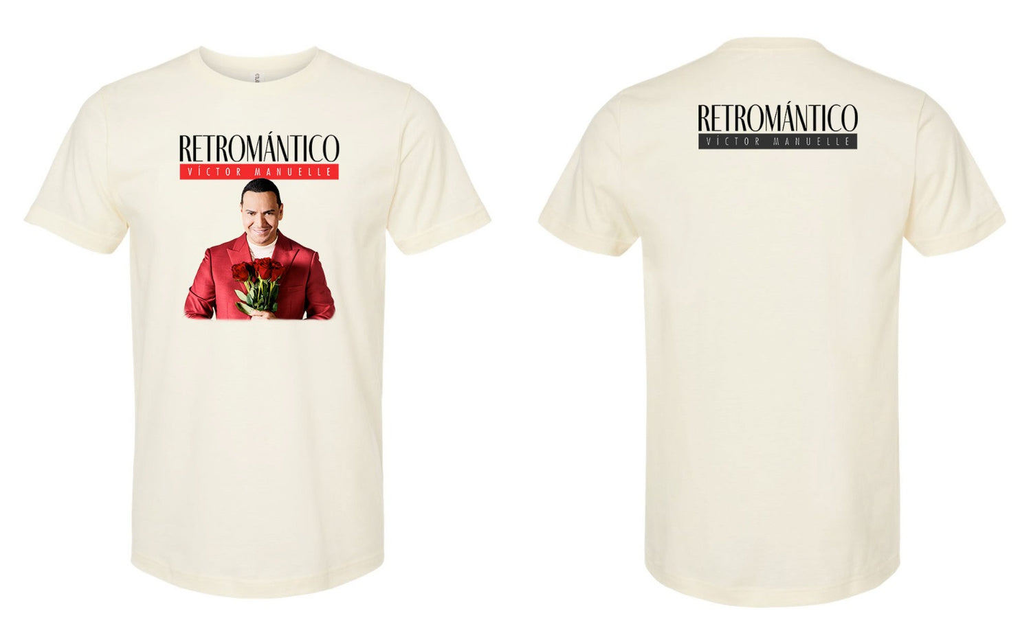 Maqueta digital que muestra juntas las vistas delantera y trasera de la playera oficial color crema de Víctor Manuelle Retromántico, detallando el arte impreso al frente y el texto en la espalda.