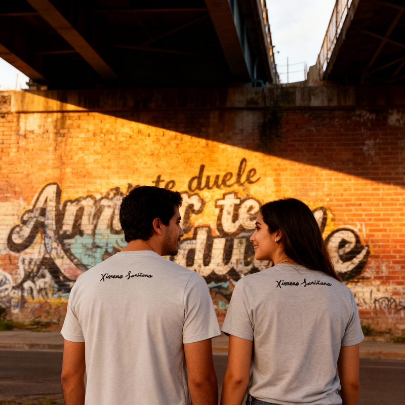 Fotografía en plano medio (medium shot) desde atrás de una pareja de modelos de pie bajo un puente, mostrando el estampado posterior de la playera oficial de Ximena Sariñana frente a un muro iluminado por el sol.