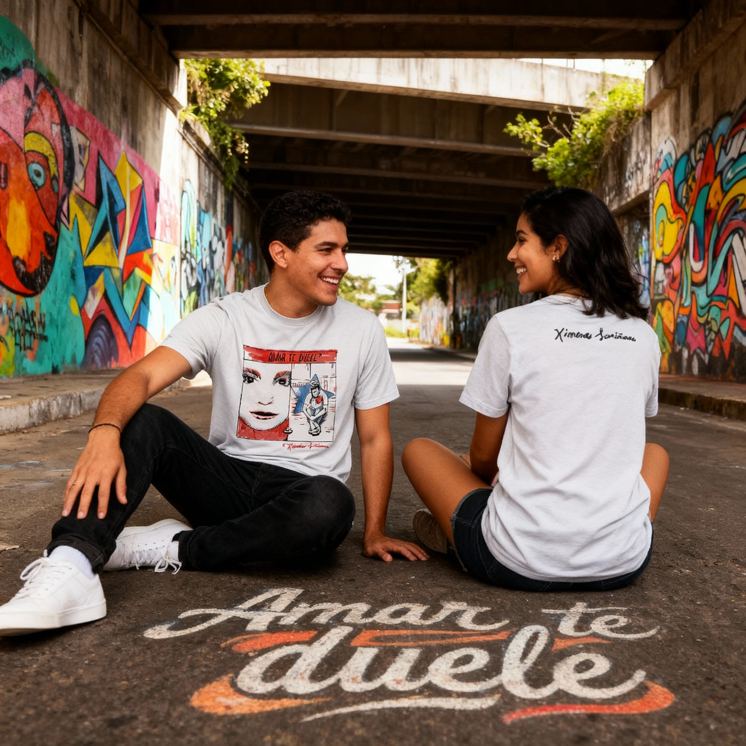 Fotografía en plano medio (medium shot) de una pareja de modelos sentados en el asfalto debajo de un puente urbano, exhibiendo el diseño de la playera de Ximena Sariñana: el modelo de frente con el arte gráfico de la película y la modelo de espalda mostrando la tipografía trasera.