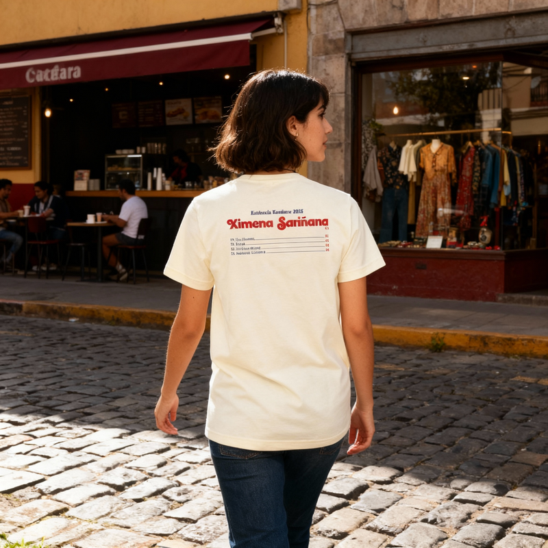 Fotografía en plano medio (medium shot) desde atrás de una modelo caminando por una calle empedrada, exhibiendo el diseño posterior con tipografía de la playera oficial de Ximena Sariñana.