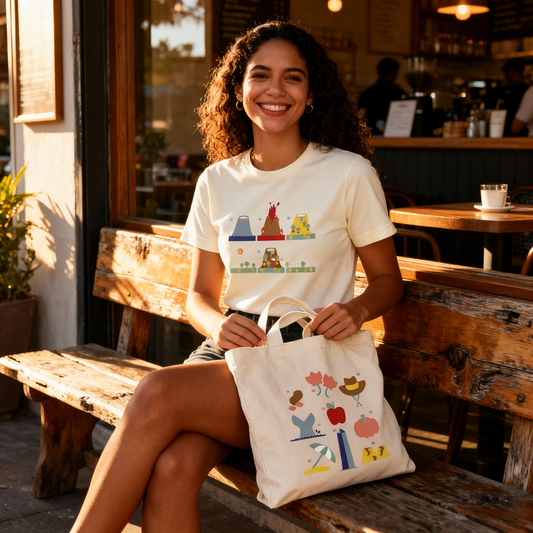 Fotografía en plano medio (medium shot) de una modelo mujer sentada en una banca de madera al aire libre portando la playera oficial de Ximena Sariñana.