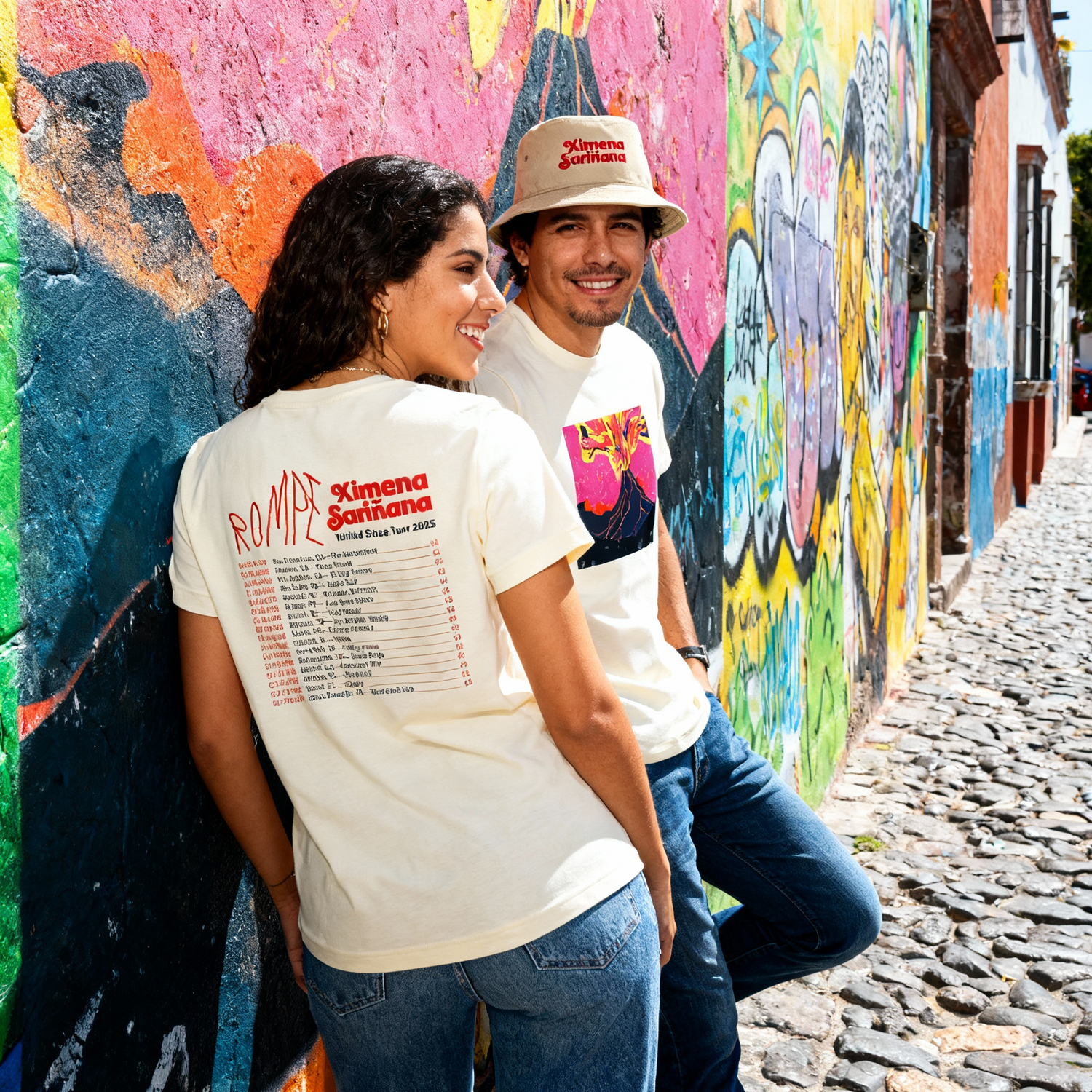 Fotografía en plano medio (medium shot) de una pareja de modelos junto a un mural colorido, mostrando la playera oficial del tour de Ximena Sariñana: uno posando de frente con el gráfico vibrante y la otra de espalda exhibiendo la lista de fechas.