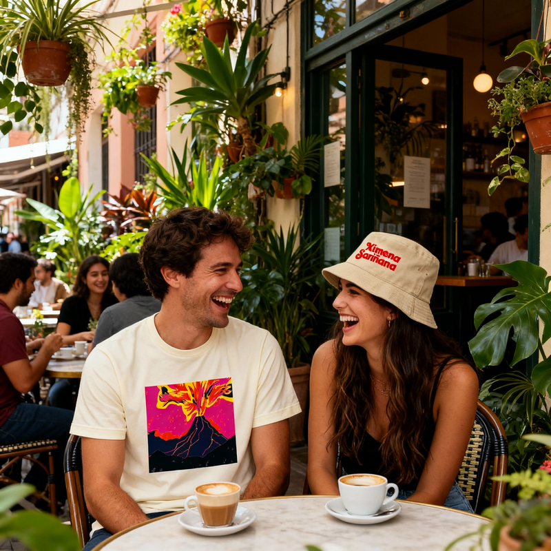 Fotografía en plano medio (medium shot) de una pareja sonriendo en una mesa exterior de cafetería vistiendo la playera oficial ROMPE US TOUR 2025 de Ximena Sariñana.