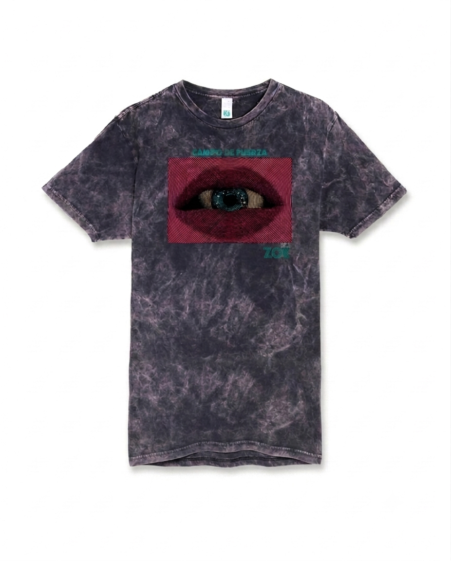 Vista frontal de la playera oficial de Zoé Tour 2026, diseño Campo de Fuerza en color gris ácido.
