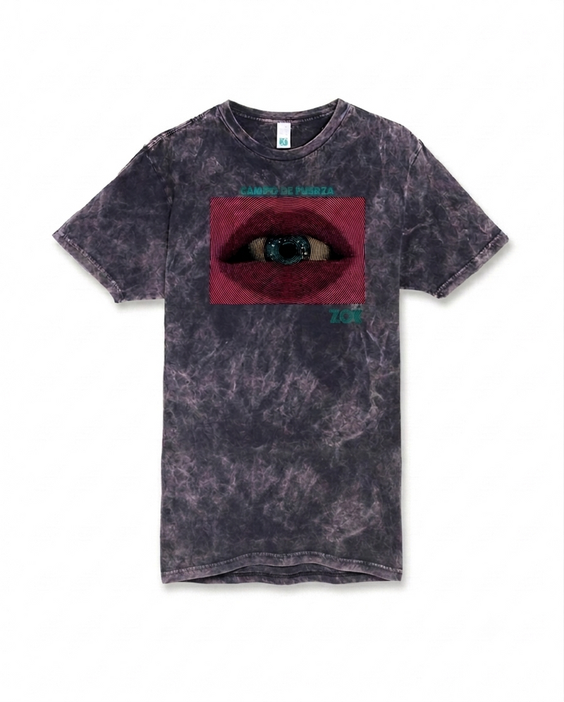 Vista frontal de la playera oficial de Zoé Tour 2026, diseño Campo de Fuerza en color gris ácido.