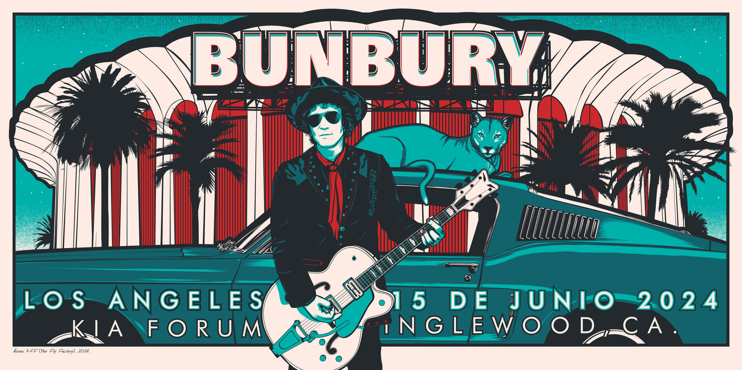 Fotografía del producto real que muestra el póster oficial en serigrafía de Enrique Bunbury para su concierto de la gira estadounidense de 2024 en el Kia Forum de Los Ángeles.