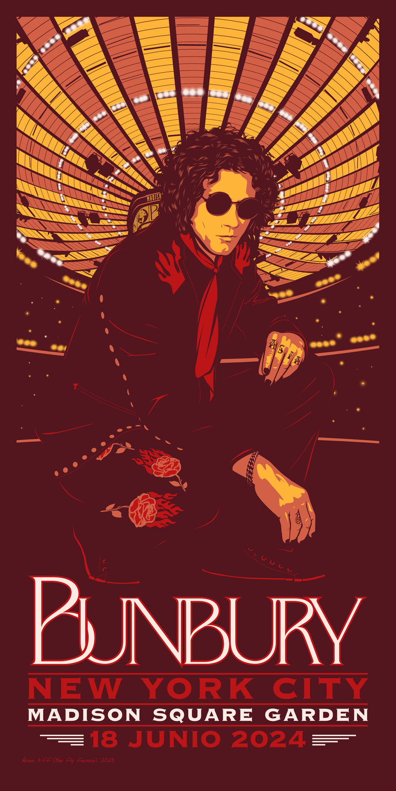 Fotografía del producto real que muestra el póster oficial en serigrafía de Enrique Bunbury para su concierto de la gira estadounidense de 2024 en el Madison Square Garden de Nueva York.