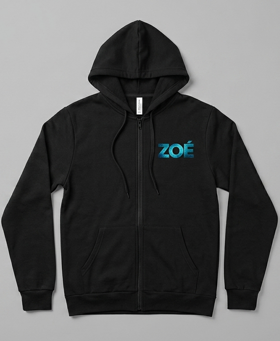 Vista frontal abierta de la sudadera oficial Zoé Tour 2026, diseño Memo Rex, color negro.